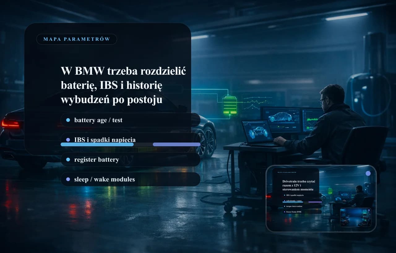 BMW data panel with IBS, voltage drops, and wake-up history after parking.