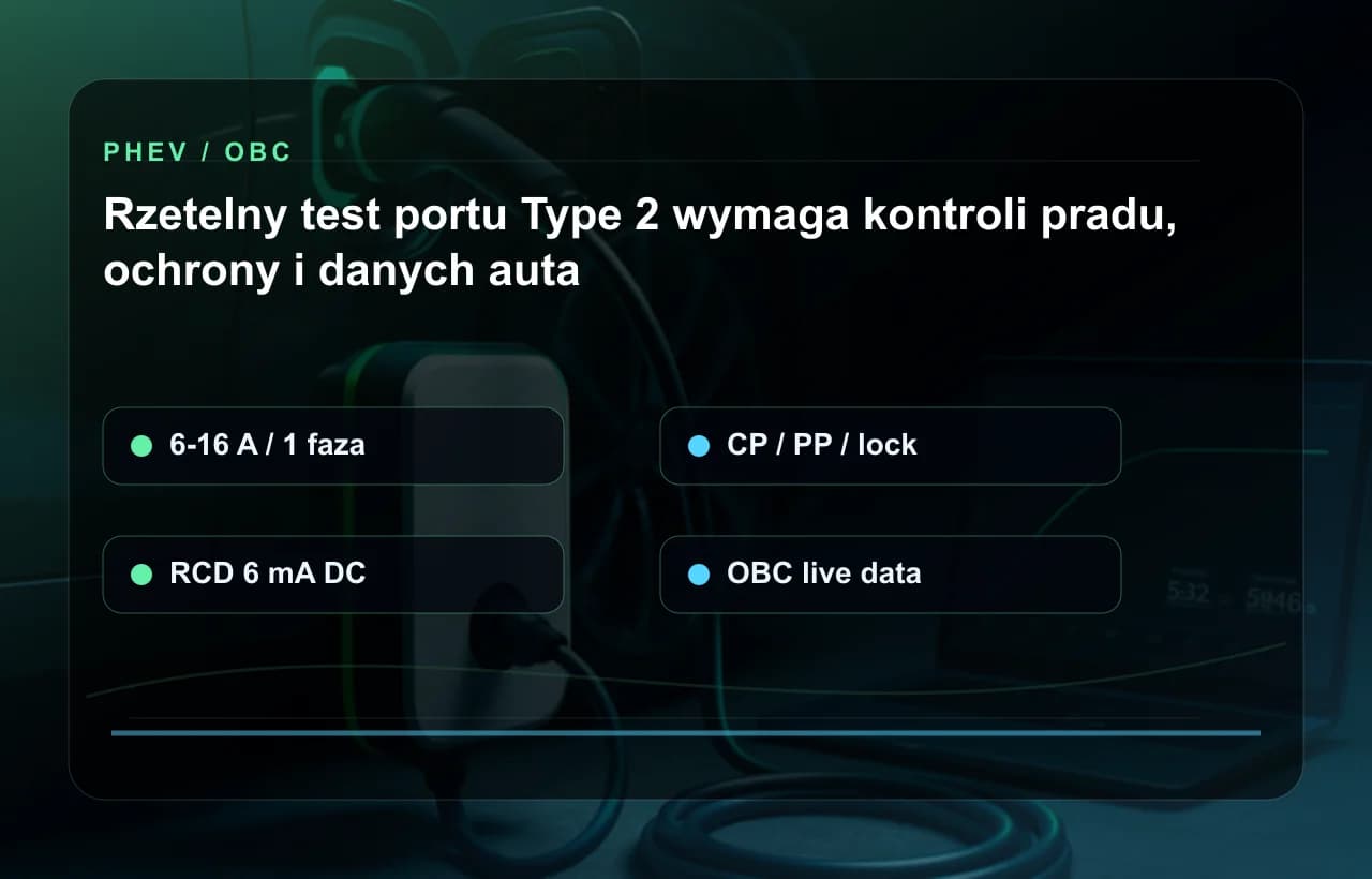 Scope of a reliable PHEV charging socket test: adjustable current, CP/PP, 6 mA DC RCD and OBC live data.