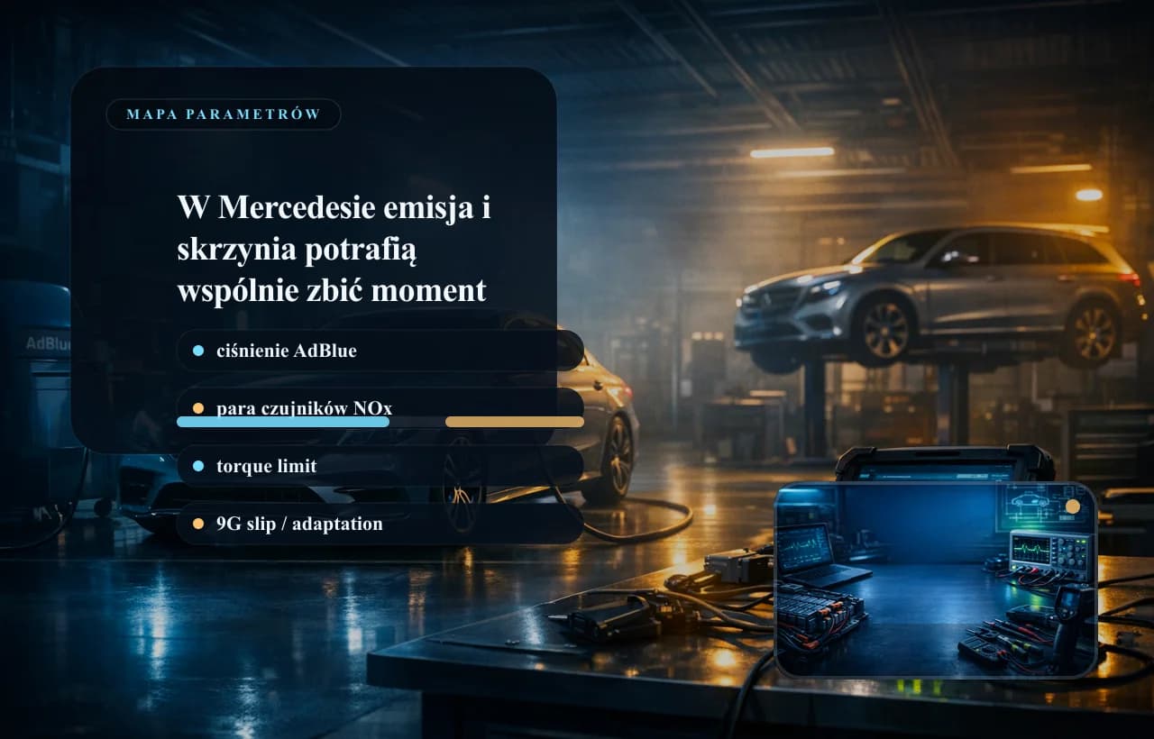 Mercedes live data panel: AdBlue, NOx, torque limitation, and 9G-Tronic slip.