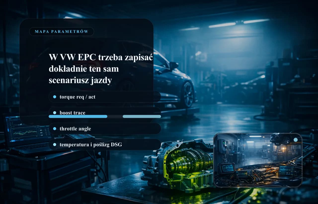VW live data panel: EPC, requested torque, boost and DSG temperature.