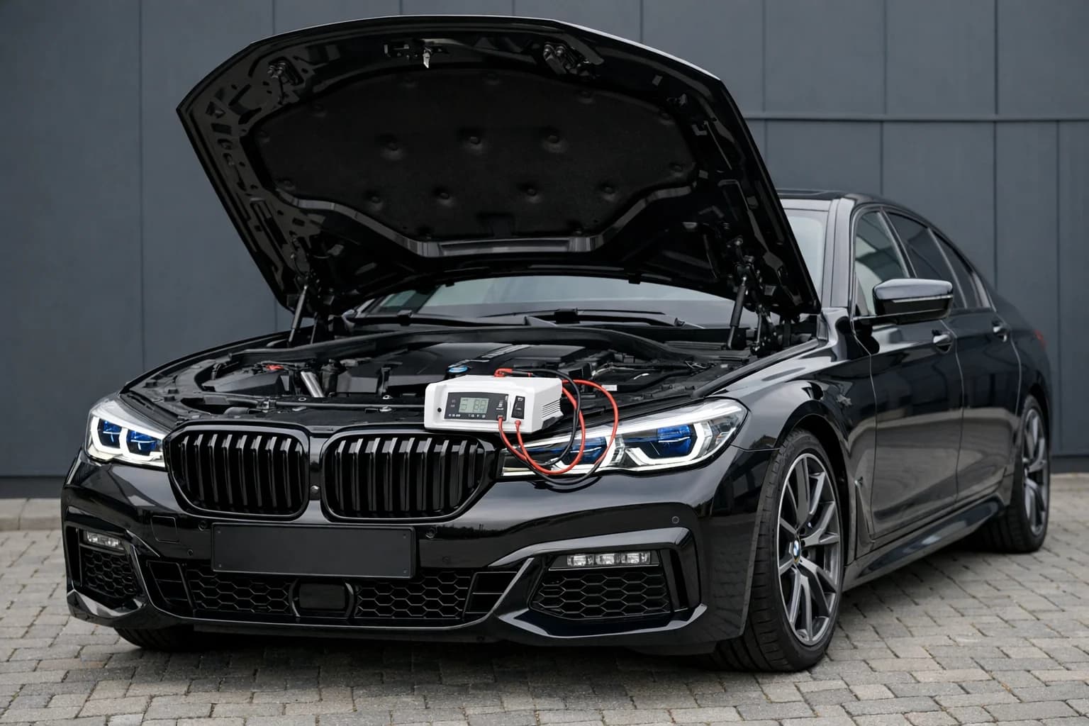 BMW Seria 7 G12 745Le M Sport PHEV z uniesioną maską — stabilizator zasilania GYS Flash 12112 na zderzaku przed pełnym autoscanem, sygnatura reflektorów Laserlight z niebieskimi akcentami