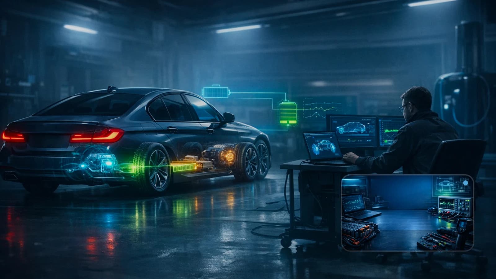 BMW in a service bay with a diagnostic laptop showing drivetrain and Valvetronic live data.