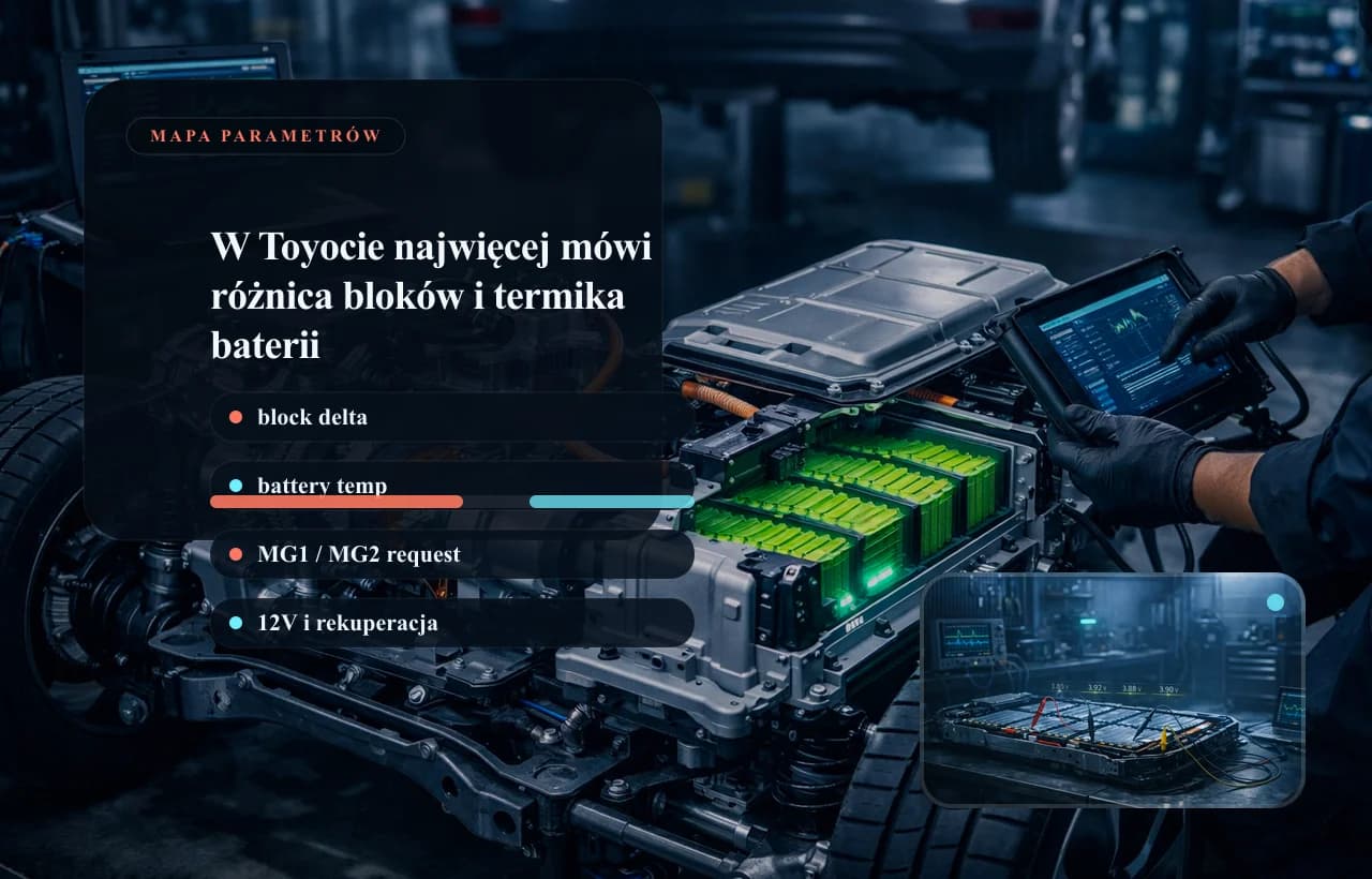 Toyota live data panel: MG1/MG2, SOC, voltage delta and hybrid battery temperatures.