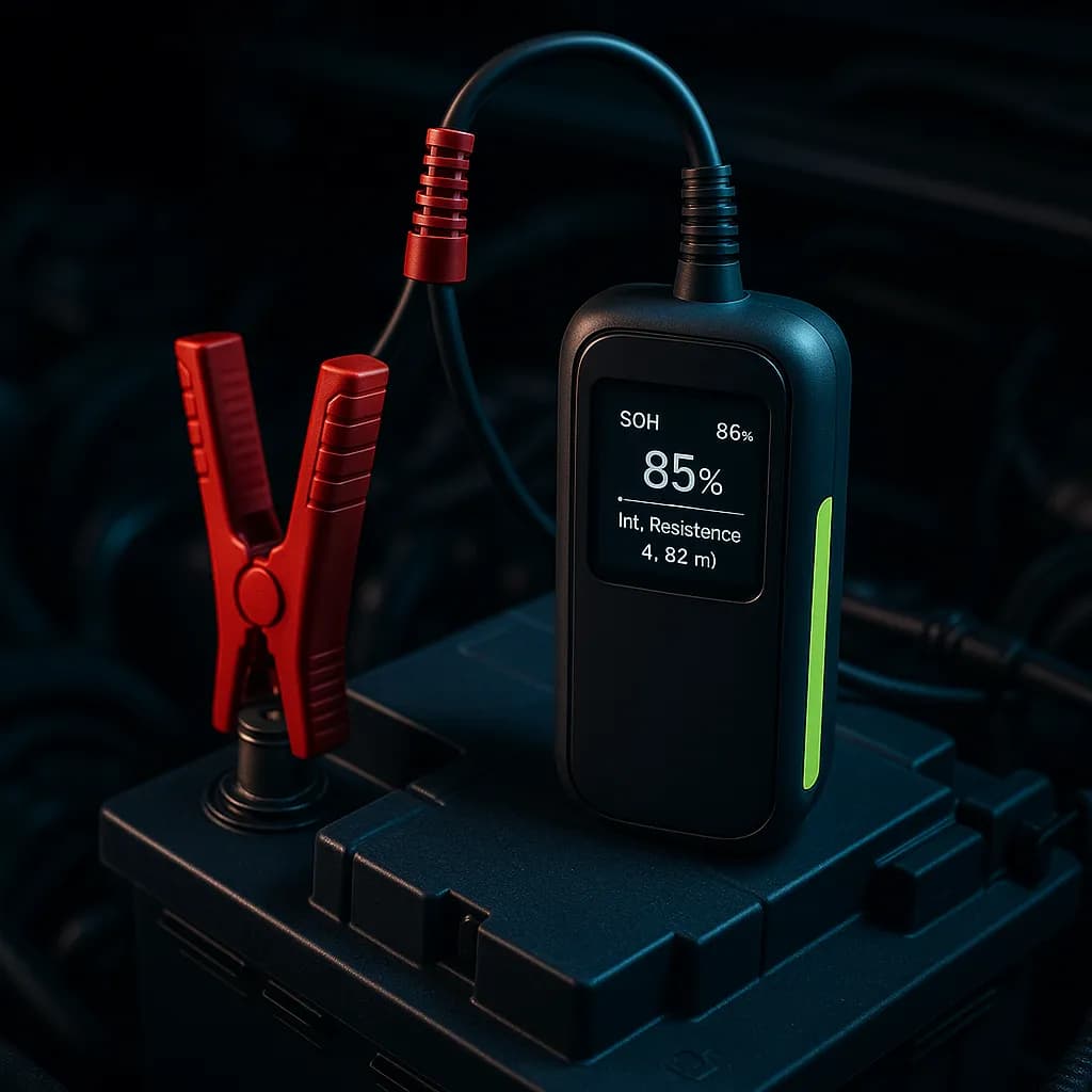Autel BT506 battery tester connected to hybrid 12V battery — screen showing SOH result and internal resistance