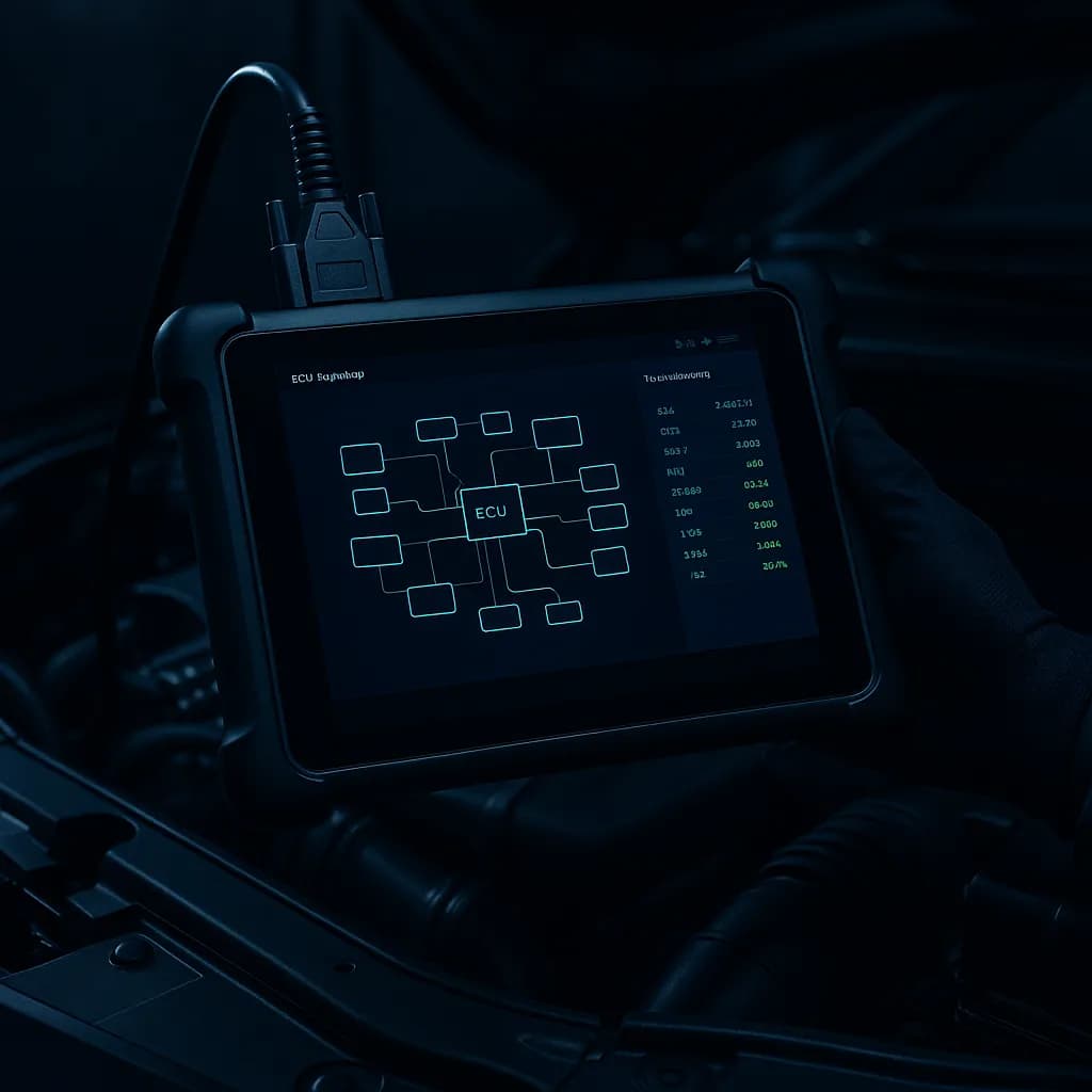 Autel MaxiSYS Ultra S2 diagnostic tablet connected to a car — screen showing ECU topology