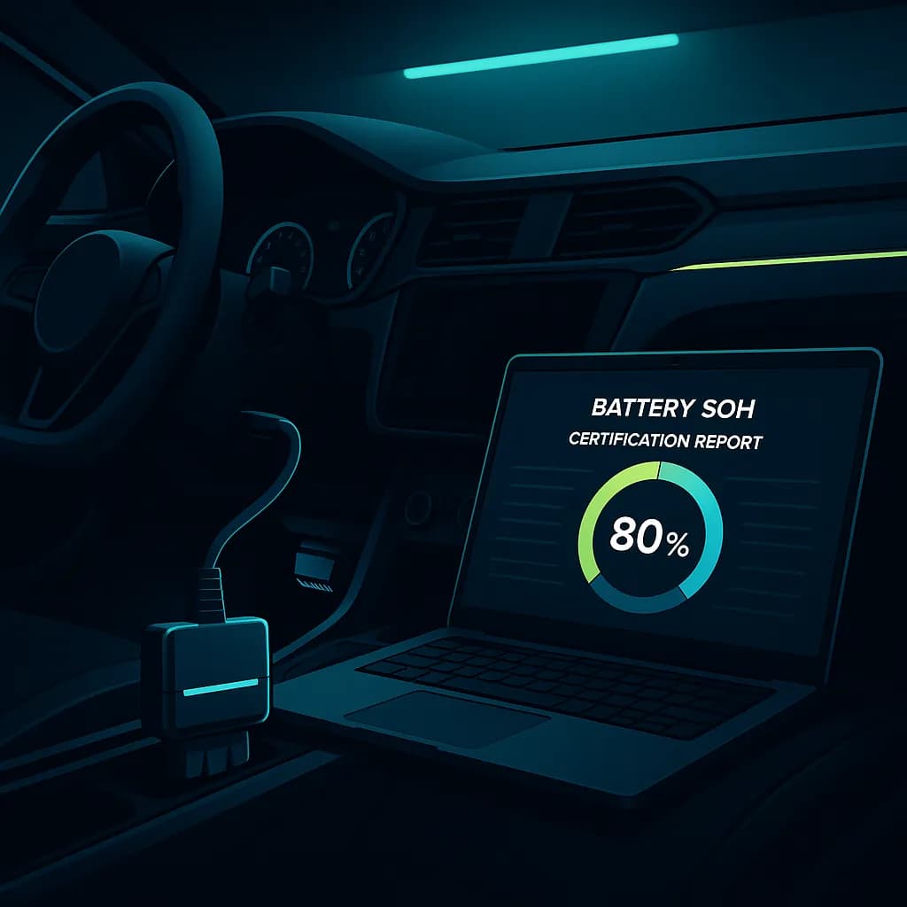 AVILOO tester connected to hybrid OBD port — laptop screen with traction battery SOH certificate