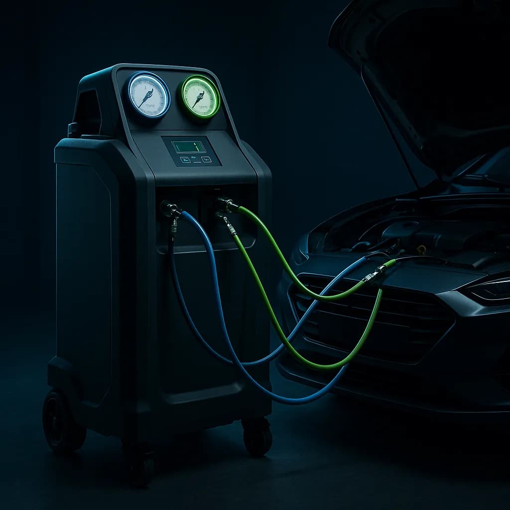 Bosch ACS 663-P A/C service station with gauges and service hoses connected to a hybrid