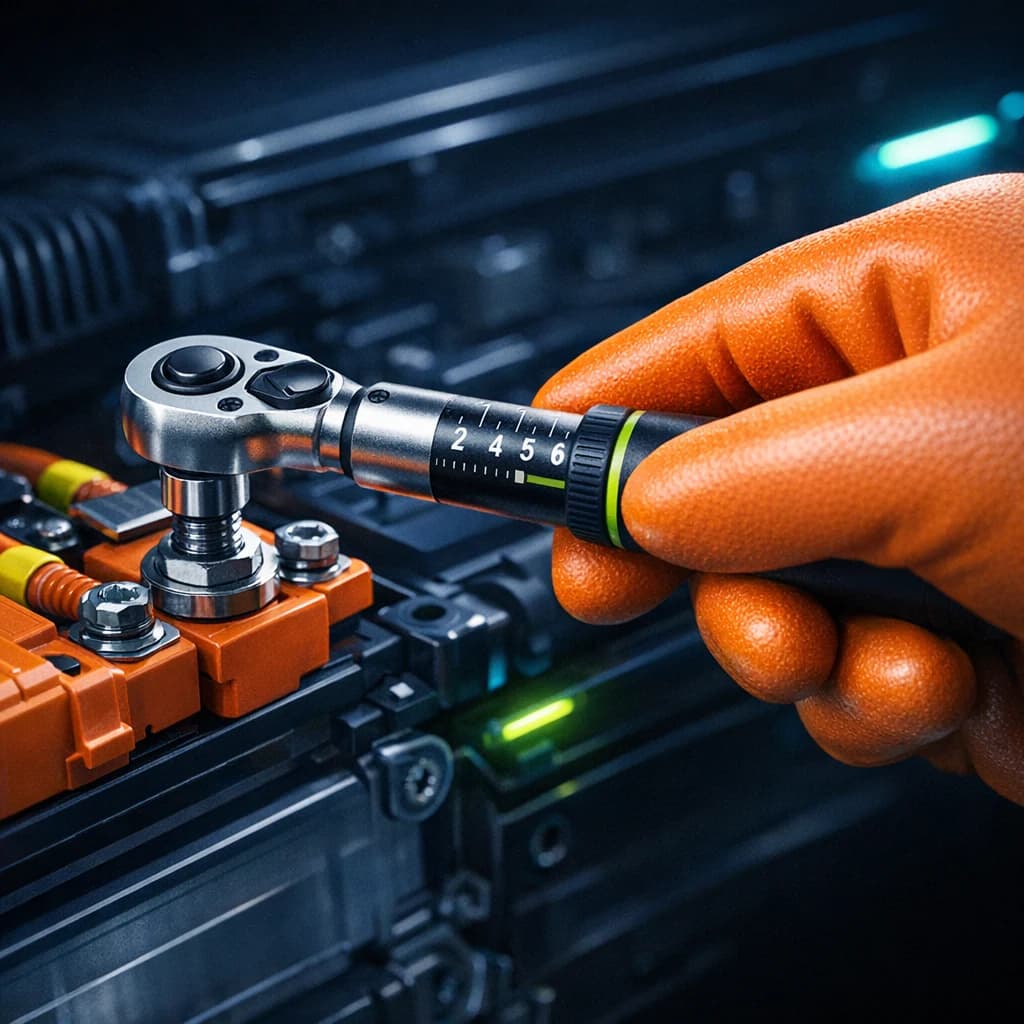 Torque wrench tightening HV connector bolt on battery module — hand in insulating glove