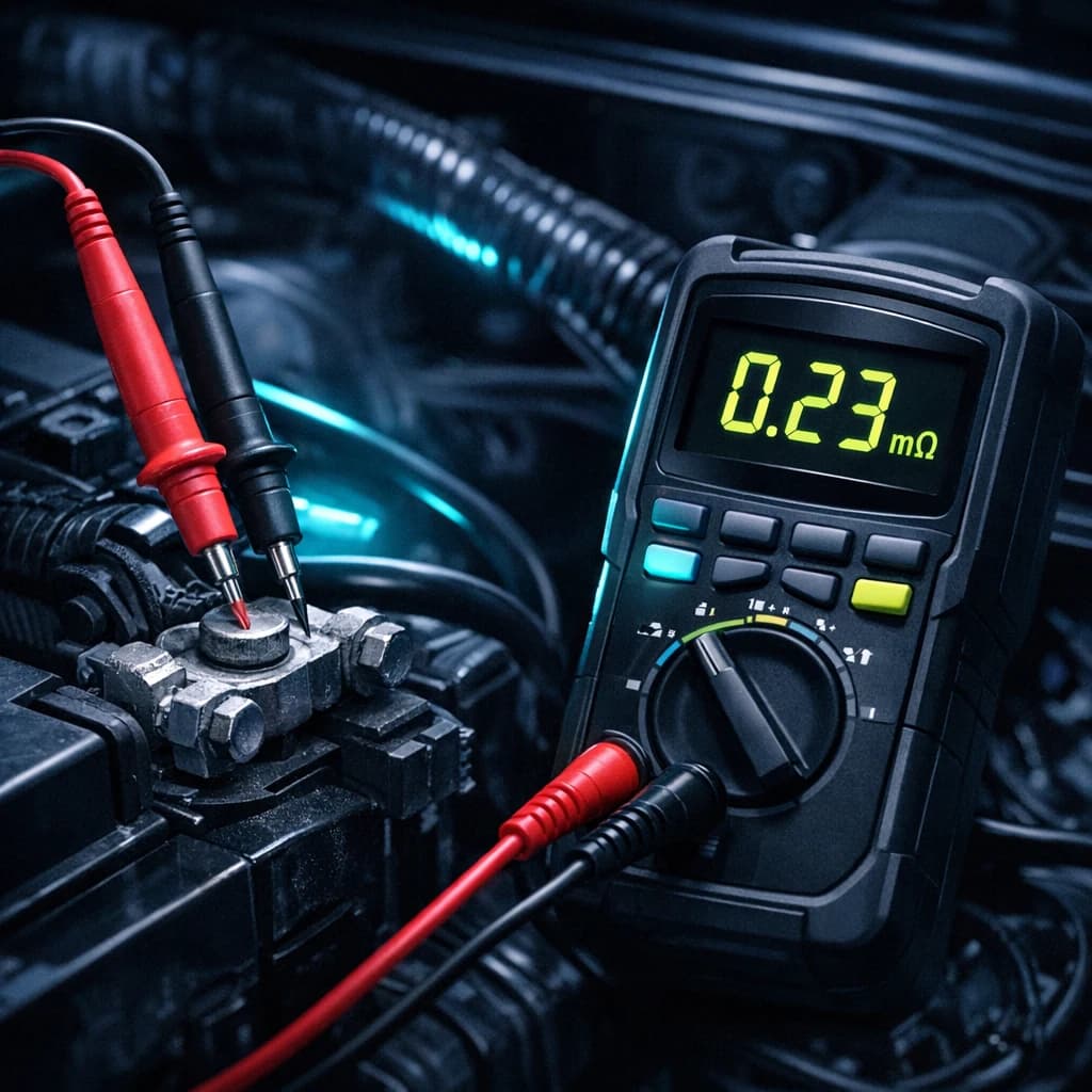 CEM DT5302 milliohmmeter measuring battery terminal resistance — milliohm reading on screen
