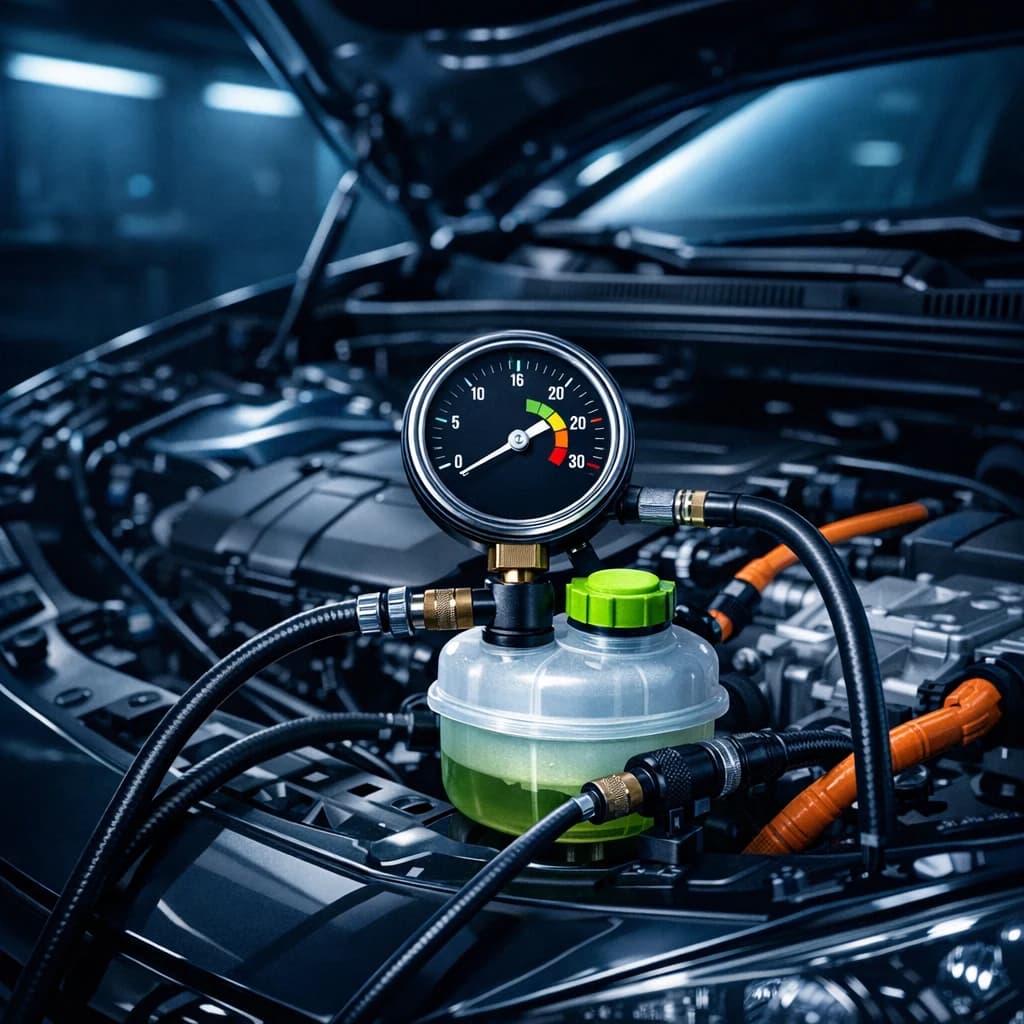Pressure test kit gauge on hybrid coolant reservoir — cooling system leak test